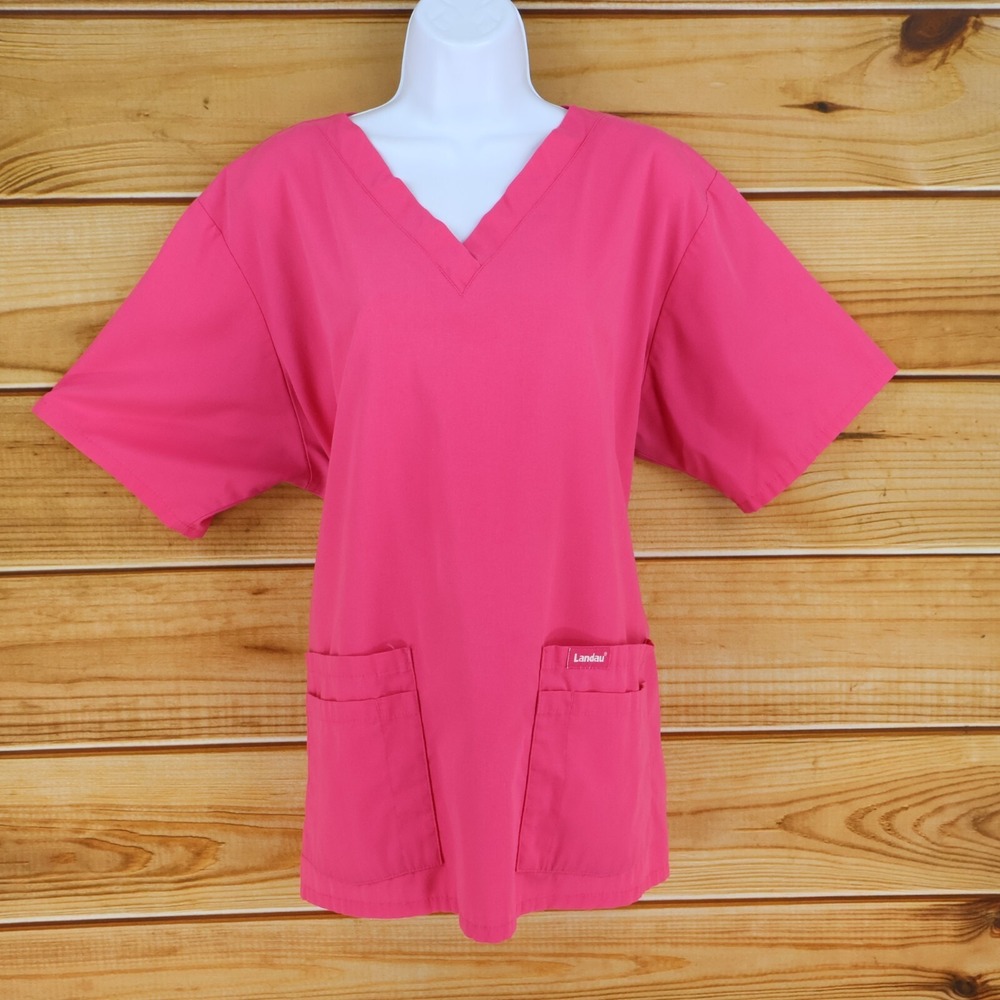 Landau Scrubs Top Womens V-Neck Sz‎ XLG Bright Pink Pockets Medical Uniforms